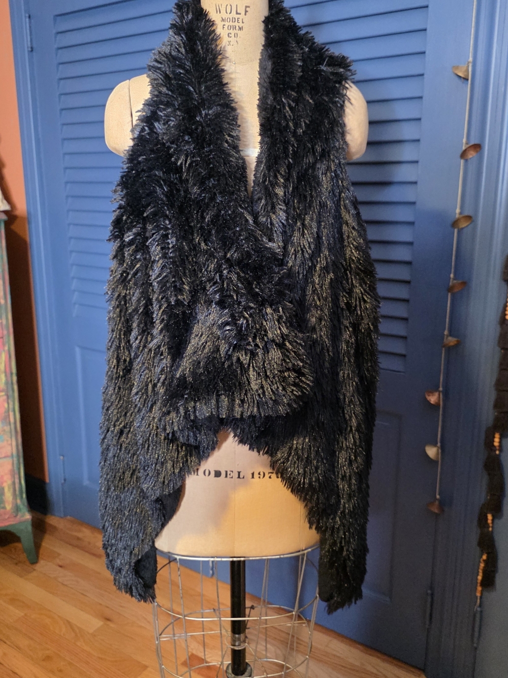Kensie Black Draped Shaggy Knit Fashion Vest OS Boho